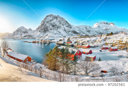 Splendid morning seascape of Norwegian sea and cityscape of Sorvagen town. Splendid morning seascape of Norwegian sea and cityscape of Sorvagen town. 97202561