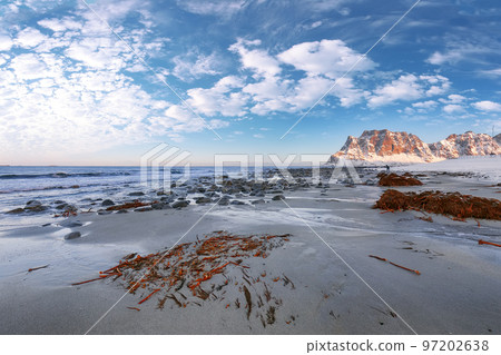 Amazing winter scenery on Uttakleiv beach at morning Amazing winter scenery on Uttakleiv beach at morning 97202638