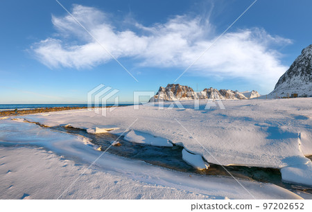 Fabulous winter scenery on Uttakleiv beach at morning 97202652