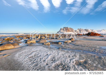 Fabulous winter scenery on Uttakleiv beach at morning 97202665