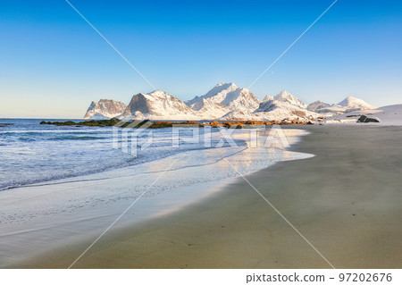 Fabulous winter scenery on Storsandnes beach in the morning. 97202676