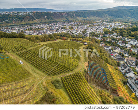 Aerial view Famous German Wine Region Moselle River Lay and Guels village Autumn Fall colors Aerial view Famous German Wine Region Moselle River Lay and Guels village Autumn Fall colors 97202779