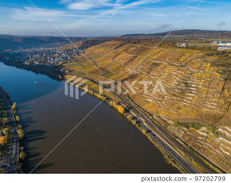 Aerial view Famous German Wine Region Moselle River Lay and Guels village Autumn Fall colors 97202799