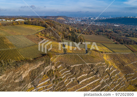 Aerial view Famous German Wine Region Moselle River Lay and Guels village Autumn Fall colors Aerial view Famous German Wine Region Moselle River Lay and Guels village Autumn Fall colors 97202800