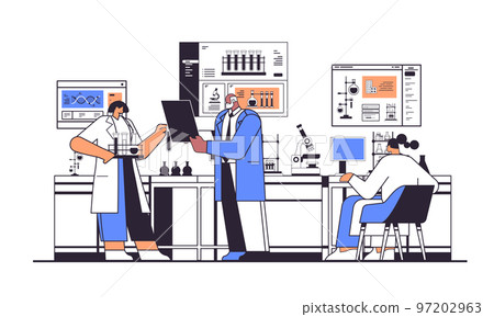 scientist team working with test tubes researchers making chemical experiments in laboratory scientist team working with test tubes researchers making chemical experiments in laboratory 97202963