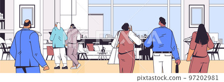 businesspeople team standing back to camera rear view of business people group modern office interior horizontal 97202981
