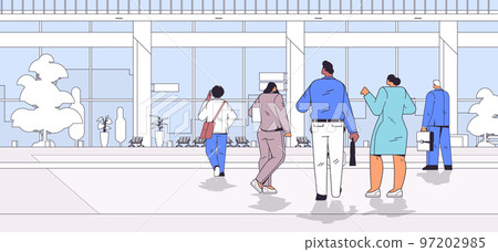 mix race businesspeople team standing back to camera rear view of people group walking outdoor near business center 97202985