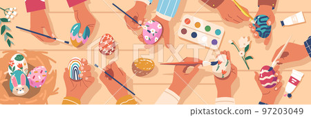 Happy Family Painting Eggs For Easter On Wooden Table Top View. Parents And Children Hands Decorate Holding Brushes 97203049