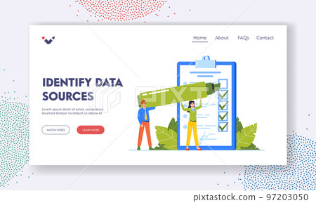 Identify Data Sources Landing Page Template. Tiny Characters Fill Questionnaire Form with Highlighter Putting Tick Marks 97203050