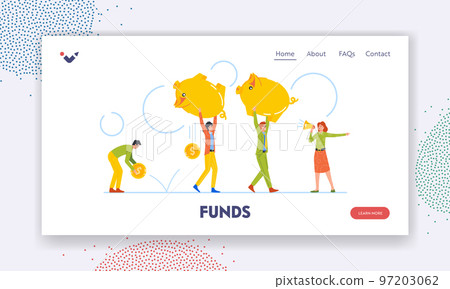 Funds Landing Page Template. Money Loss, Improper Distribution Of Savings. Tiny Men And Women Carry Huge Piggy Bank 97203062