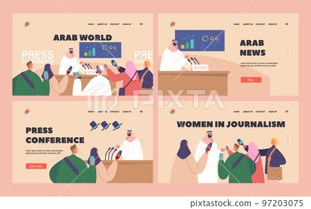Arab Press Conference, Briefing with Arabic Speaker Landing Page Template Set. Man Speaking to Audience Illustration Arab Press Conference, Briefing with Arabic Speaker Landing Page Template Set. Man Speaking to Audience Illustration 97203075
