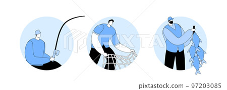 Fishermen Holding Rod, Net and Fish Haul. Fishing Isolated Round Icons or Avatars. Outdoor Relaxing Summertime Hobby Fishermen Holding Rod, Net and Fish Haul. Fishing Isolated Round Icons or Avatars. Outdoor Relaxing Summertime Hobby 97203085
