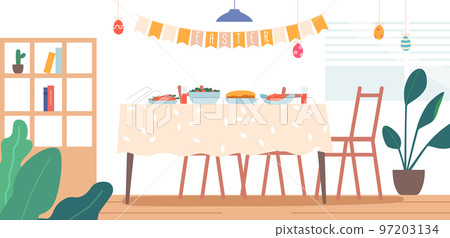 Easter Dinner Concept, Home Kitchen Interior with Table and Different Festive Meals in Decorated Room with Garlands 97203134