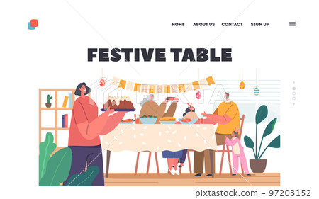 Festive Table Landing Page Template. Happy Family Characters Mother, Father, Granny and Kids Having Easter Dinner Festive Table Landing Page Template. Happy Family Characters Mother, Father, Granny and Kids Having Easter Dinner 97203152