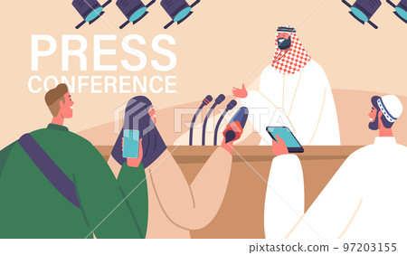 Saudi Political Mass Media Announcement, Live News Tv Broadcasting with Reporters Journalists Listening Arab Man Saudi Political Mass Media Announcement, Live News Tv Broadcasting with Reporters Journalists Listening Arab Man 97203155