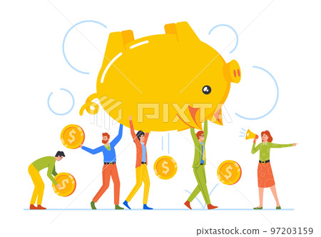 Tiny Men And Women Carry Huge Piggy Bank With Coins Falling Down. Concept Of Money Loss, Improper Distribution Of Funds 97203159