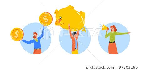 Man Carry Piggy Bank, Employee With Coins, Woman With Megaphone Isolated Round Icons Or Avatars Illustration 97203169