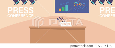 Press Conference Studio Interior, Empty Room With Tribune, Microphones and Spotlights on Background with Statistic Chart Press Conference Studio Interior, Empty Room With Tribune, Microphones and Spotlights on Background with Statistic Chart 97203180