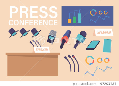 Set of Icons Press Conference or Briefing Themed. Speaker Tribune, Journalist Equipment, Microphones, Smartphones Set of Icons Press Conference or Briefing Themed. Speaker Tribune, Journalist Equipment, Microphones, Smartphones 97203181