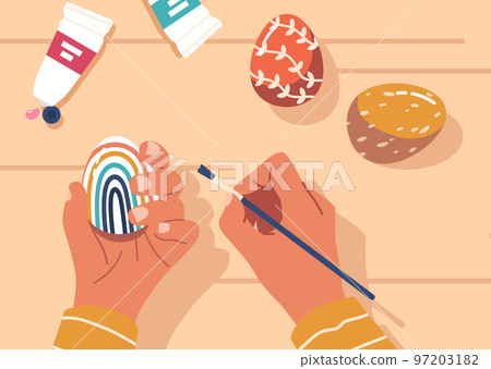 Process Of Dyeing Eggs With Paints For Easter Traditional Event. Person Making Dyed Eggs On Wooden Table Top View Process Of Dyeing Eggs With Paints For Easter Traditional Event. Person Making Dyed Eggs On Wooden Table Top View 97203182