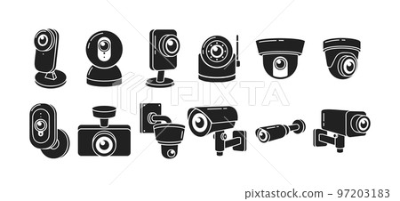 Set Of Cctv Camera Monochrome Icons Isolated On White Background. Elements Collection With Security Electronic Devices Set Of Cctv Camera Monochrome Icons Isolated On White Background. Elements Collection With Security Electronic Devices 97203183