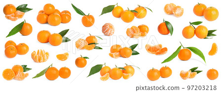 Set of fresh juicy tangerines on white background Set of fresh juicy tangerines on white background 97203218
