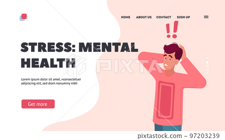 Stress, Mental Health Landing Page Template. Young Man Stress, Shock or Confused Emotion. Astonished Male Character 97203239