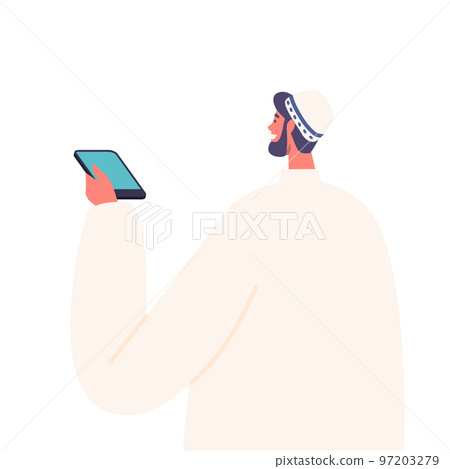 Arab Journalist Male Character Holding Dictaphone, Muslim Reporter Interviewing Rear View. Media Person Reportage 97203279