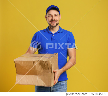 Courier with damaged cardboard box on yellow background. Poor quality delivery service Courier with damaged cardboard box on yellow background. Poor quality delivery service 97203513