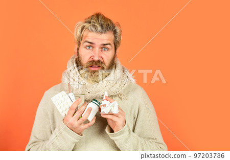 Bottle blister plastic container. Apothecary concept. Lot of medicines. Man sick leave at home. Medicines effective treatment. Bearded guy messy hair hold pills tablets vitamins medicines in hands Bottle blister plastic container. Apothecary concept. Lot of medicines. Man sick leave at home. Medicines effective treatment. Bearded guy messy hair hold pills tablets vitamins medicines in hands 97203786