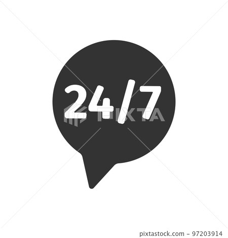 Helpline speech bubble symbol with round the clock sign. 24 7 open store, gas station, delivery icon. Customer support online service label isolated on white background 97203914