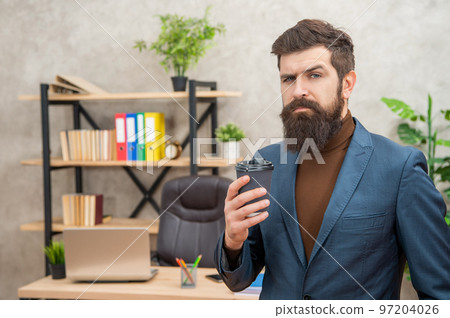 brutal ceo in businesslike suit has lunch break hold takeaway coffee cup at the office, success brutal ceo in businesslike suit has lunch break hold takeaway coffee cup at the office, success 97204026