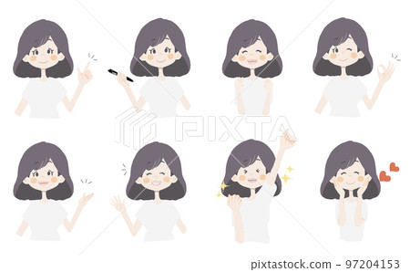 [Recommended, holding a pen, guts, OK, please, waving, delicious] Variation set of facial expressions and poses 97204153