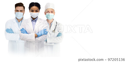 Medical Workers. Portrait Of Diverse Multiethnic Doctors In Uniform And Protective Masks 97205136