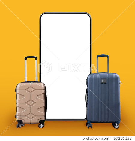 Two stylish suitcases standing by big phone, mockup Two stylish suitcases standing by big phone, mockup 97205138