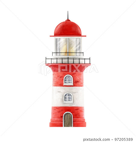 Lighthouse watercolor illustration. Hand drawn nice red sea coast vintage style building. Small cute single beacon element. Lighthouse on white background 97205389