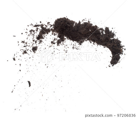 Black Fertilize Soil ready to planting, good organic soils with root for garden farming, fine detail of soil throw fly in air with dust dirty. High speed freeze shot over White background Isolated. 97206836
