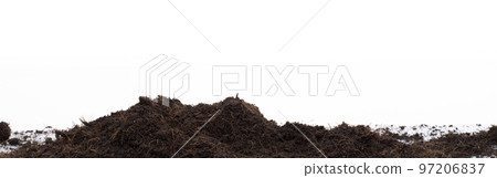 Black Fertilize Soil ready to planting, good organic soils with root for garden farming, pile set texture detail of soil with roots dust dirty.  close up selective focus over White background Isolated 97206837