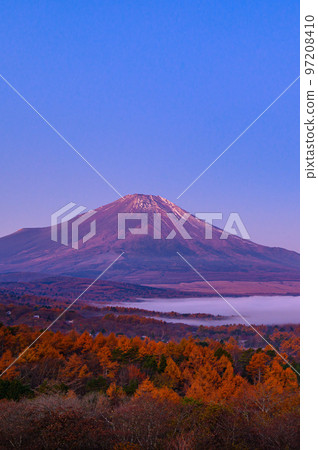 山中湖染上朝霞和雲海的富士山 山中湖染上朝霞和雲海的富士山 97208410