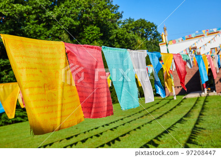 Tibetan Mongolian Buddhist Cultural Center with colorful prayer flags on ropes 97208447