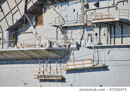 Side detail of platforms on aircraft carrier American military ship for navy 97208475