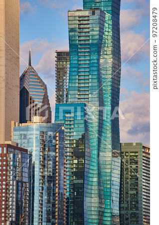 Detail of huge American skyscrapers in Chicago downtown 97208479