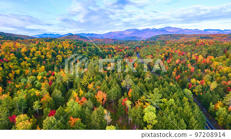Aerial over hills and mountains of peak fall forests with road winding through Aerial over hills and mountains of peak fall forests with road winding through 97208914