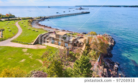 Old military fort in park with view of Maine ocean and pier to view lighthouse Old military fort in park with view of Maine ocean and pier to view lighthouse 97208918