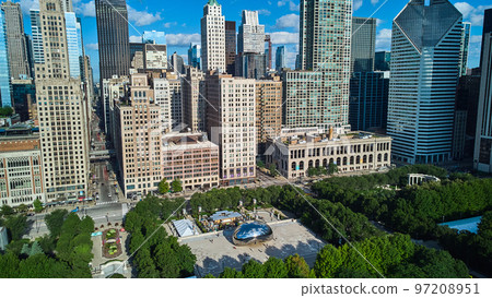 Skyscrapers surround The Bean Cloud Gate at Chicago Millennium Park 97208951