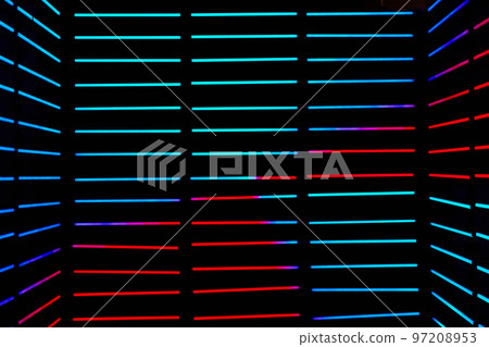 Abstract dark room with horizontal LED poles in blue and red Abstract dark room with horizontal LED poles in blue and red 97208953