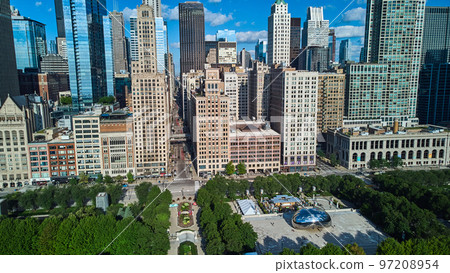 Chicago aerial view at Millennium Park looking down street and by Cloud Gat The Bean Chicago aerial view at Millennium Park looking down street and by Cloud Gat The Bean 97208954