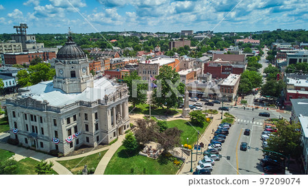 Bloomington Indiana downtown The Square with courthouse aerial Bloomington Indiana downtown The Square with courthouse aerial 97209074