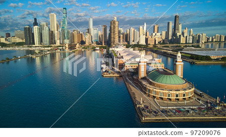 Morning light over beautiful Navy Pier and Chicago skyline on Lake Michigan 97209076