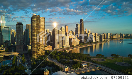 Stunning Chicago skyline aerial from Navy Pier in morning light Stunning Chicago skyline aerial from Navy Pier in morning light 97209121